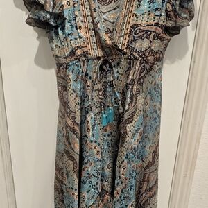 Bohemian Paisley Asymmetrical Dress in Teal and Brown